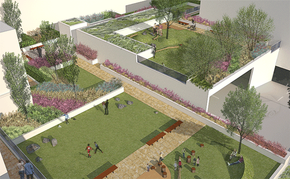 An animated visualization of our landscape architects scheme over a mixed use development in Acton, London
